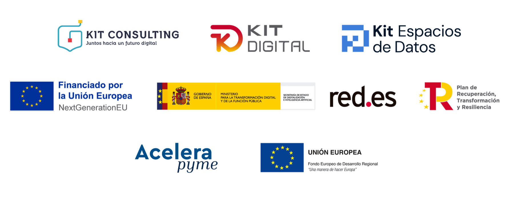 Kit Consulting · Kit Digital · Kit Espacios de Datos — Financiado por la Unión Europea NextGenerationEU · Plan de Recuperación, Transformación y Resiliencia · Gobierno de España, Ministerio para la Transformación Digital y de la Función Pública · red.es · Acelera pyme · FEDER